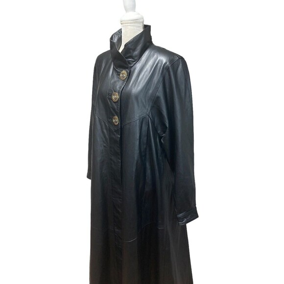 NWOT Damselle L Black Soft Leather Long Trench Coat Duster Flared Swing Womans - Picture 3 of 14